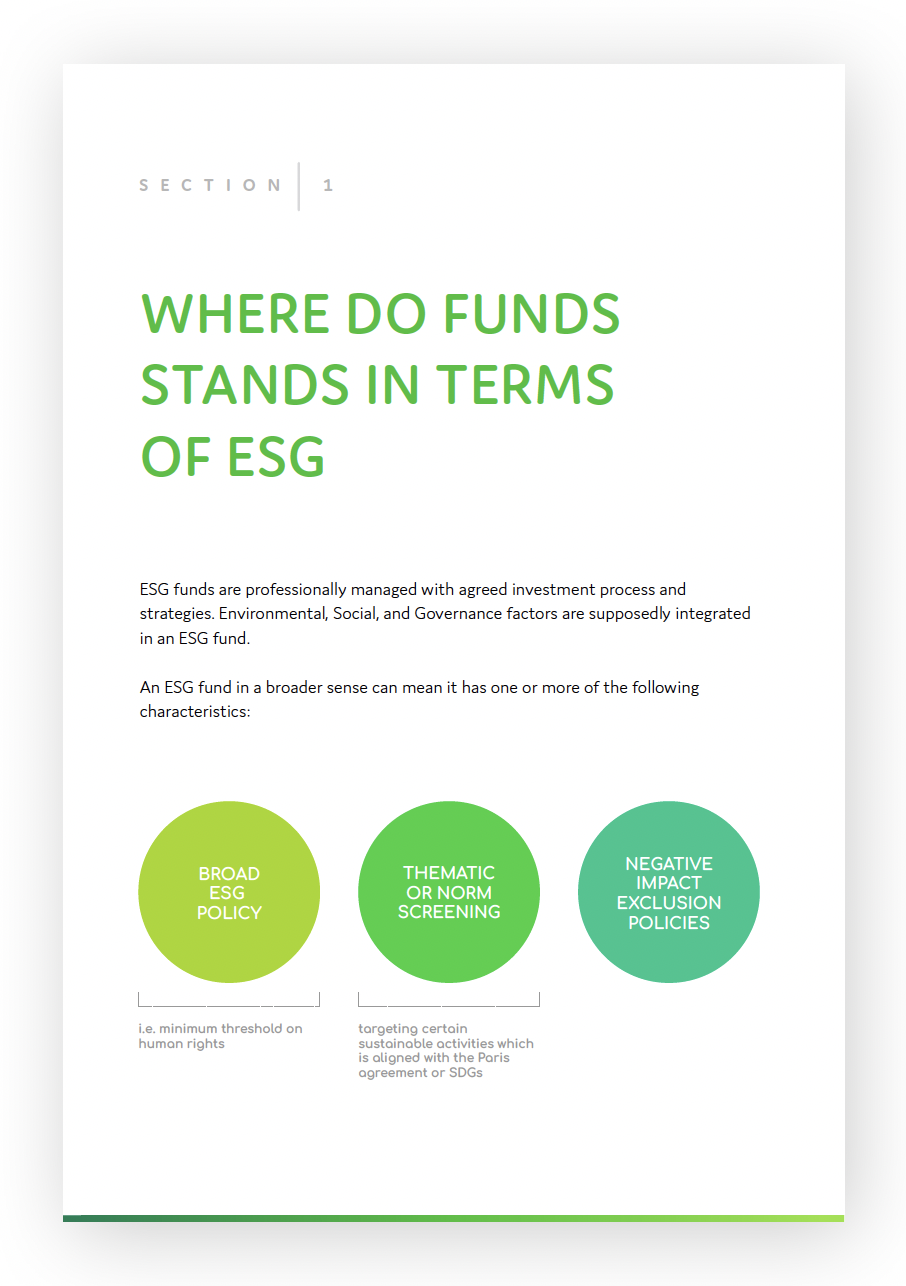 Objectway Paper Front Page using an infograph to describe how funds stand in terms of ESG