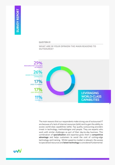 Objectway Survey Report Front Page showing a pie chart to outline recent outsourcing trends and how to reap the benefits