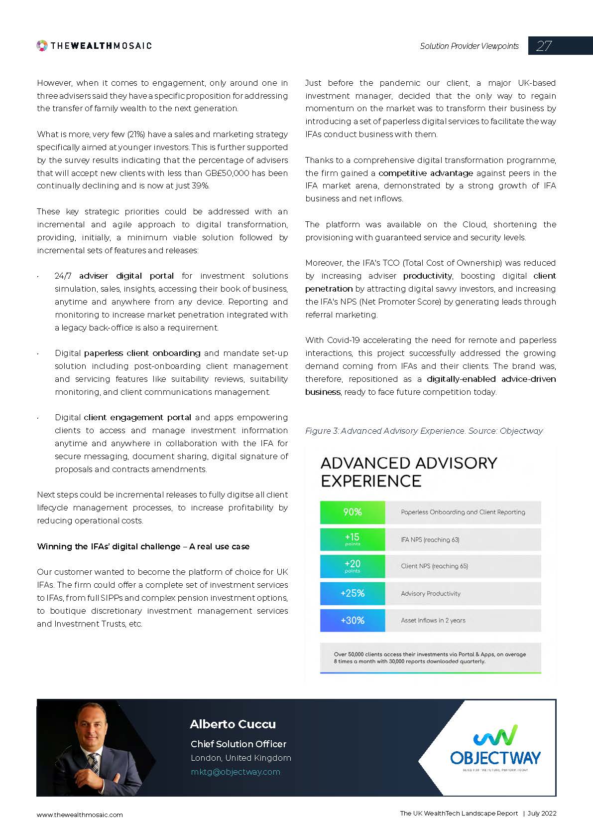 Objectway and The Wealth Mosaic Front Page describing how providing digital-first approach and ease of use is and will be more and more a key factor of choice