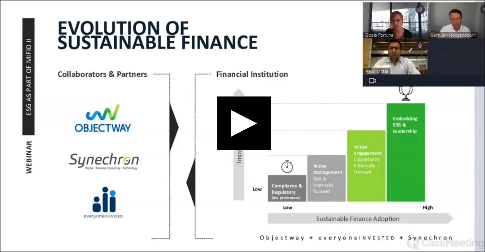 Objectway Synechron and EveryoneInvested Presentation Webinar showing collaboration between partners and financial institutions to adopt ESG principles