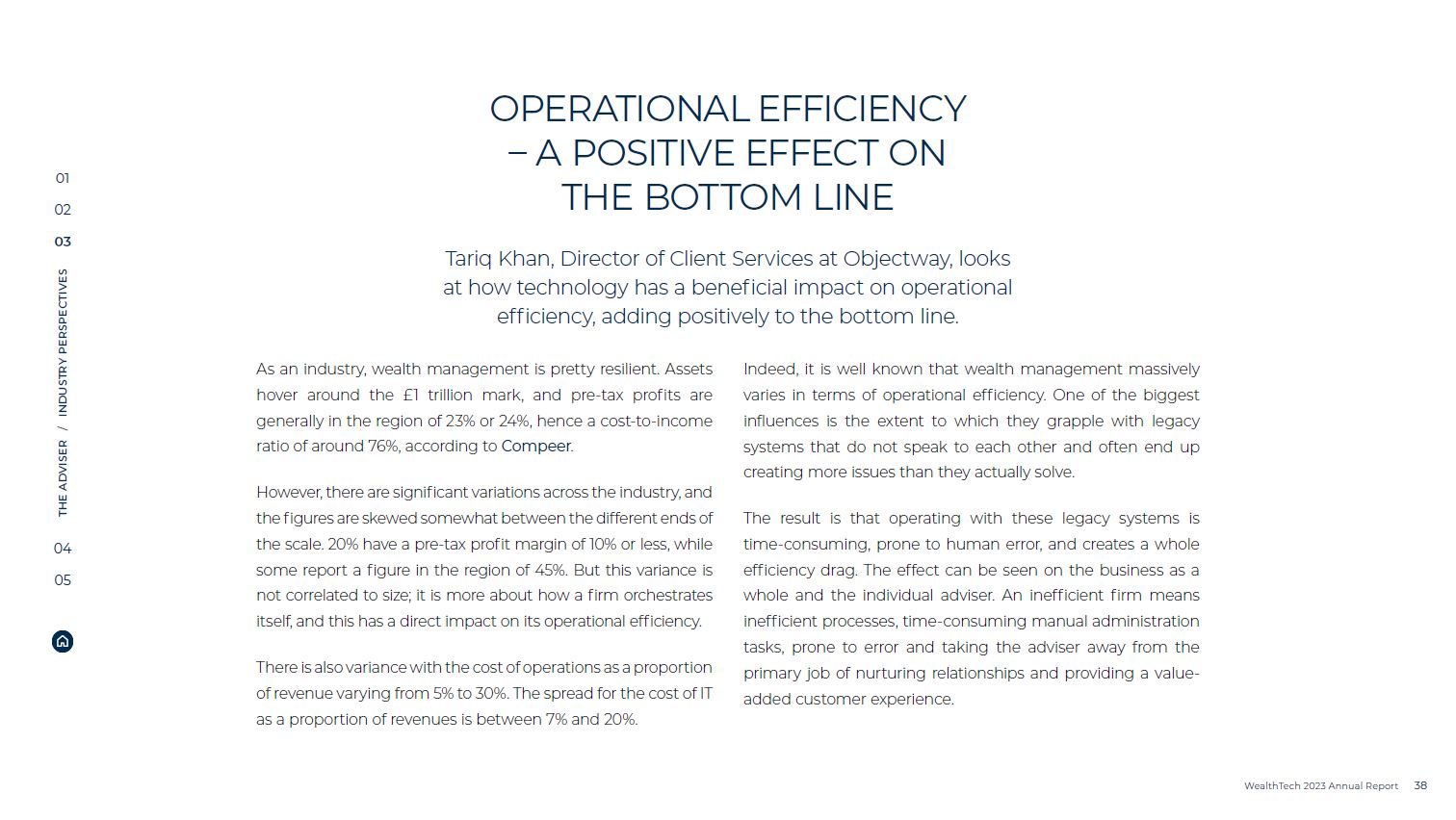 Objectway and The Wealth Mosaic WealthTech 2023 Annual Report Front Page featuring Tariq Khan perspective on Operational Efficiency
