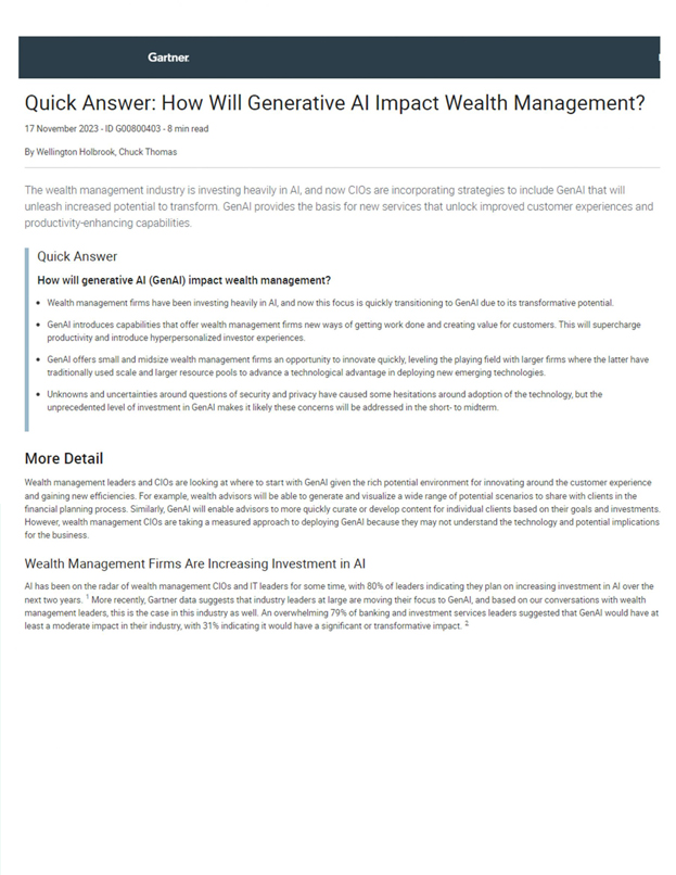 Objectway offers a complimentary copy of Gartner Report dedicated to the role of Generative AI in Wealth Management. Download now.